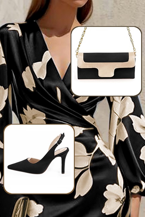 Women's matt black elegant slingback heels. Pointed toe. High slim heel - Worn view